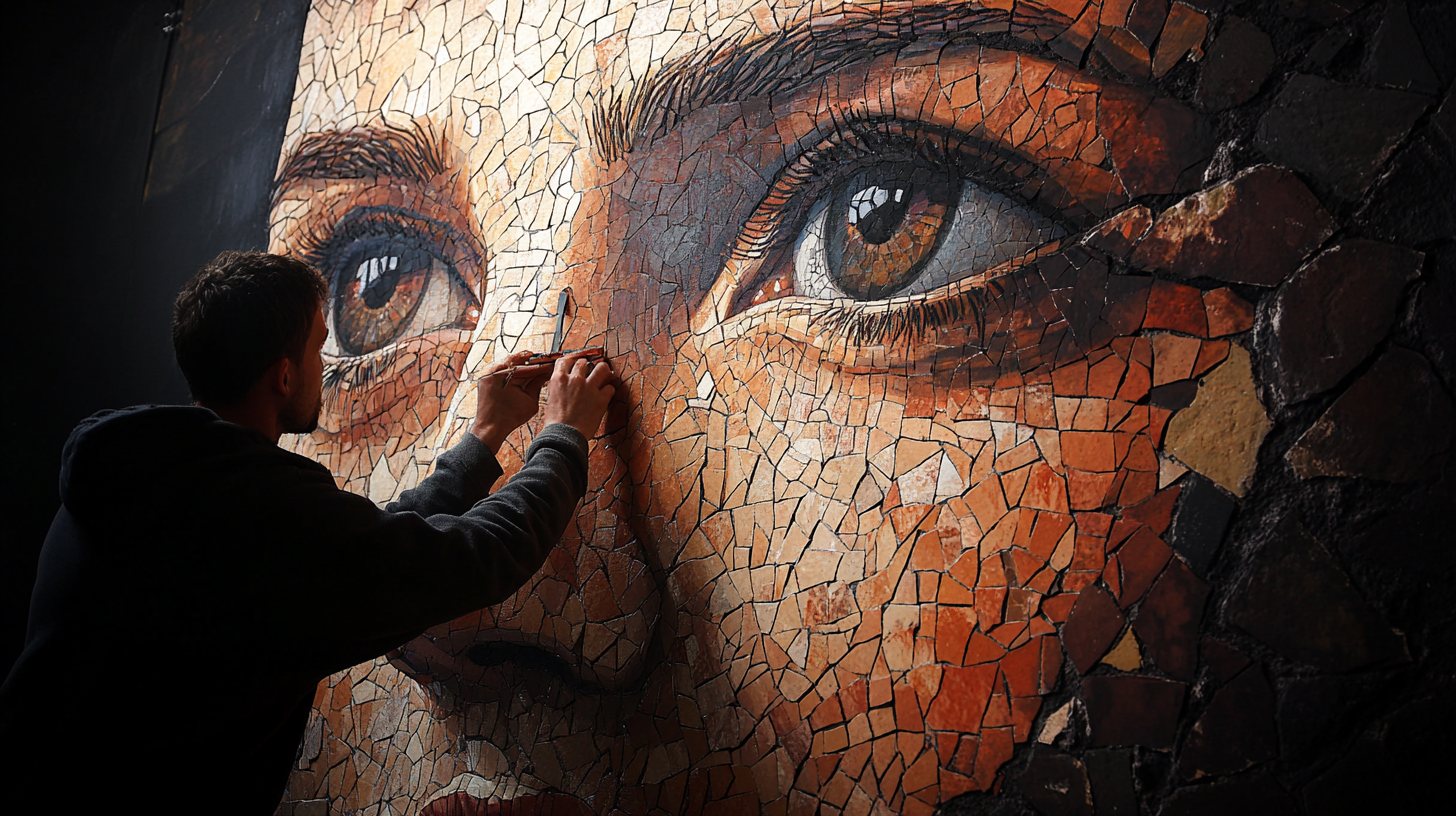 A mosaic portrait many times life size, with a man placing one small tile near the eye - no single tile holds the face.