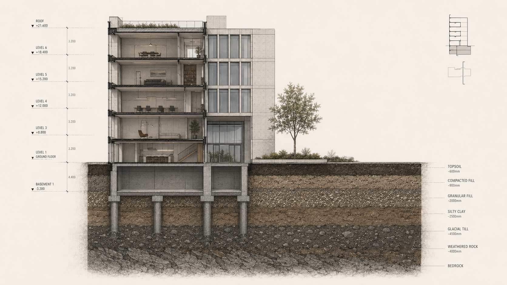 Spec Is a View — architectural section showing the visible interface above the deeper structural layers it rests on.